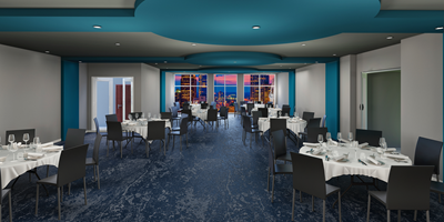 Grand ballroom with attached catering kitchen.